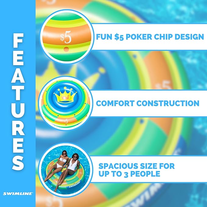 SWIMLINE Original Casino Chip Pool Float – Durable Vinyl Lounger for Adults & Teens – Fun Pool Float for Lake, Beach, or Backyard – Easy to Inflate and Store