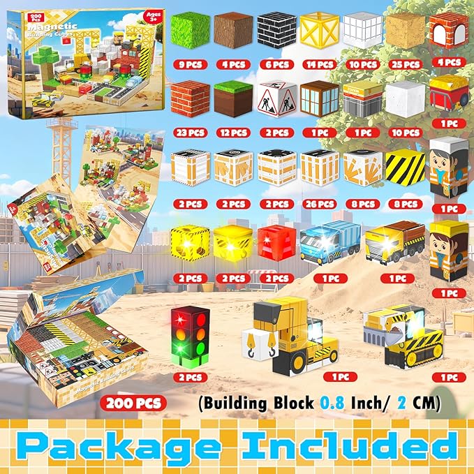 200PCS Light Up Magnetic Blocks - Magnet Building Blocks, Stacking Magent Cubes Construction Theme, STEM Montessori Sensory Educational Easter Birthday Gifts Toys for Kids Boys Girls Ages 3-12