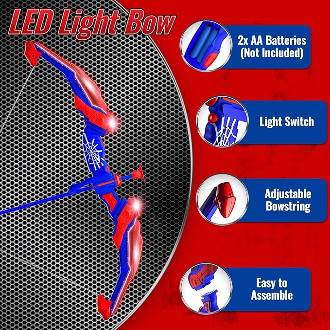 Spider Bow and Arrow Set for Kids, 2 Pack Led Archery Set, Bow Arrow Set with 20 Suction Cup Arrows, Target with Stand & 6 Target Cans, Birthday Gift Bow and Arrow Set for Kids 4-6