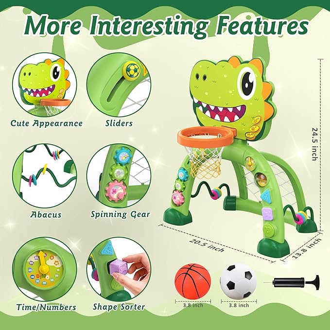 Dinosaur Toddler Basketball Hoop & Soccer Goal Montessori Toys for Baby 12-18 Months,Twinkoo 1, 2, 3+ Year Old Gift Toys for 1 Year Old Boy and Girl(Green)