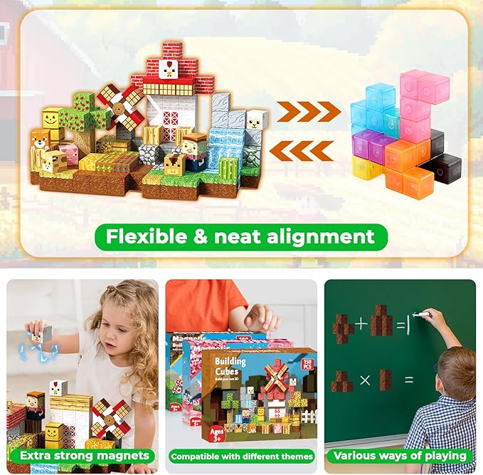 150 PCS Magnetic Blocks - Farm Animals Magnetic Building Blocks, Stacking Magnet Cubes for Kids, Magnetic Construction Toy for Boy Girl, STEM Montessori Sensory Toy for Ages 3-12 Easter Birthday Gift