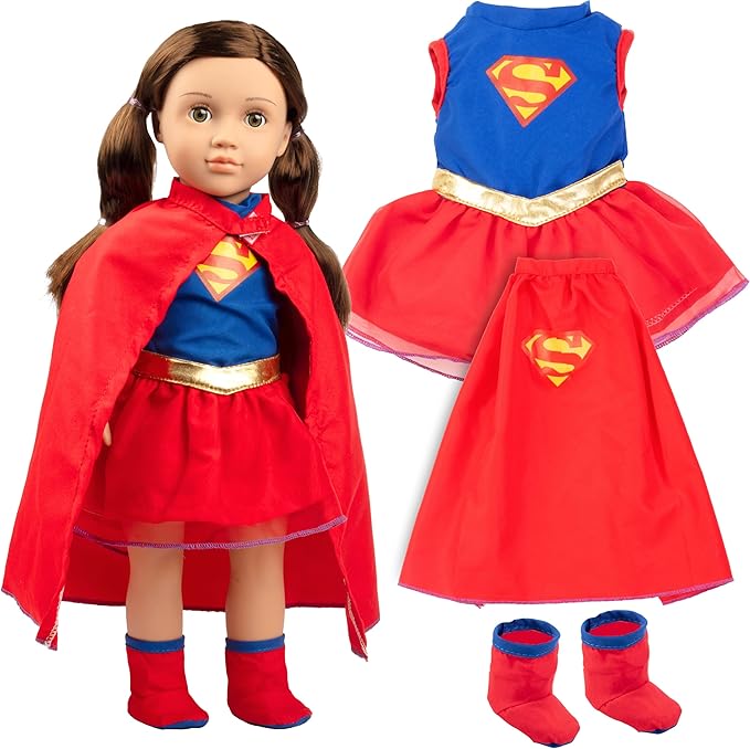 Dress Along Dolly 3pc Super Hero Girl 18" Doll Outfit-Compatible with American Girl- Premium Handmade Clothes & Accessories Set Includes Dress, Shoes, Cape- Movie and Comics Gift
