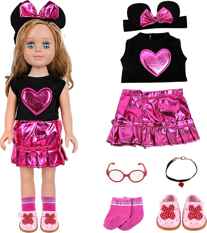 MSYO 18 Inch Doll Clothes & Accessories Set,Black Pink Heart Top & Metallic Pink Skirt Outfit with Mouse Ears Headband,Sunglasses,Socks,Shoes,Necklace,Fits 16-18 Inch Baby Dolls(Rose)