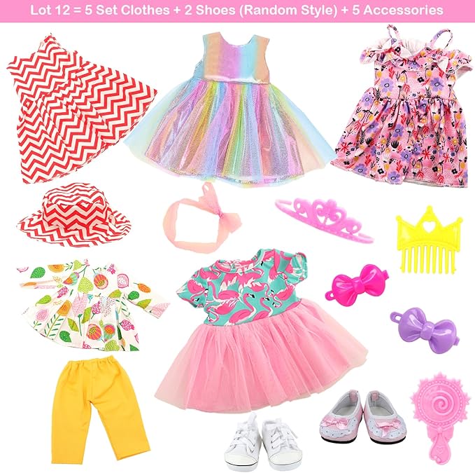 BARWA 18 inch Doll Clothes and Accessories 5 Sets Clothes Dress Outfits with 2 Pairs Shoes for 18 Inch Dolls