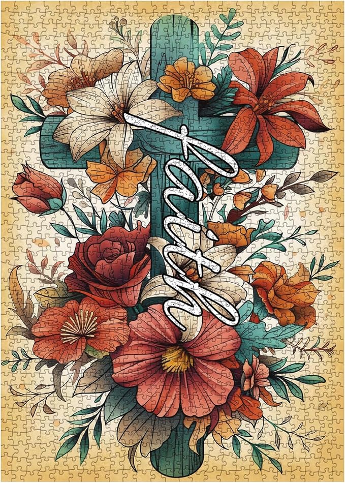 Vintage Flower Cross Puzzles for Adults 1000 Pieces, Christian Religious Floral Jigsaw Puzzles, Pretty Catholic Art Puzzles