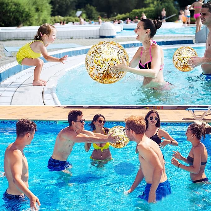 5 Pcs Inflatable Beach Balls, 16 Inch & 24 Inch Large Confetti Glitter Beach Balls, Sequins Clear Blow up Pool Balls Toys for Christmas Party Decorations 2026 New Year Birthday Summer Swimming Pool