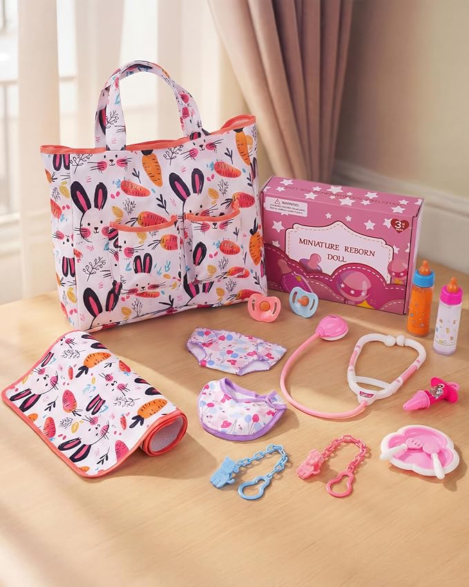 BABESIDE Baby Doll Diaper Bag Set, Portable Storage with Cute Print, Perfect for Pretend Play & Role Play for Girls, Fits 15–20 Inch Dolls with Changing Mat（Doll Not Included）