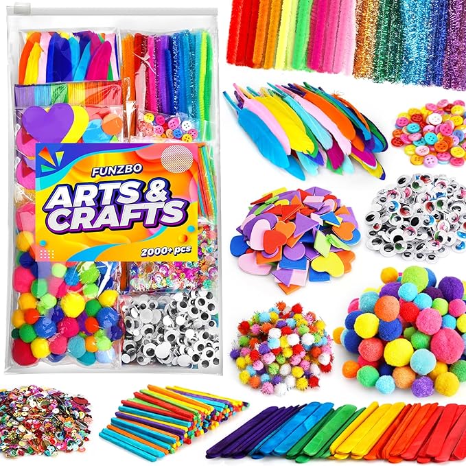 FUNZBO 2000Pcs+ Arts & Crafts Supplies Kits for Kids, Easter DIY Craft Supplies for Toddlers Art Supply Tools Set Pipe Cleaners, Pom Poms and Feather, Birthday Gifts for Kid Girls Ages 4-8-12