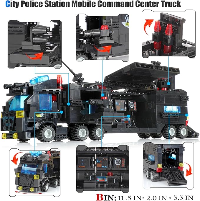 1110 PCS SWAT City Police Set Cop Car Building Set with Helicopter, Boat, Police Station, Mobile Command Center Truck Toys in 25 Different Models, Gifts for 6 Plus Year Old Kids Boys