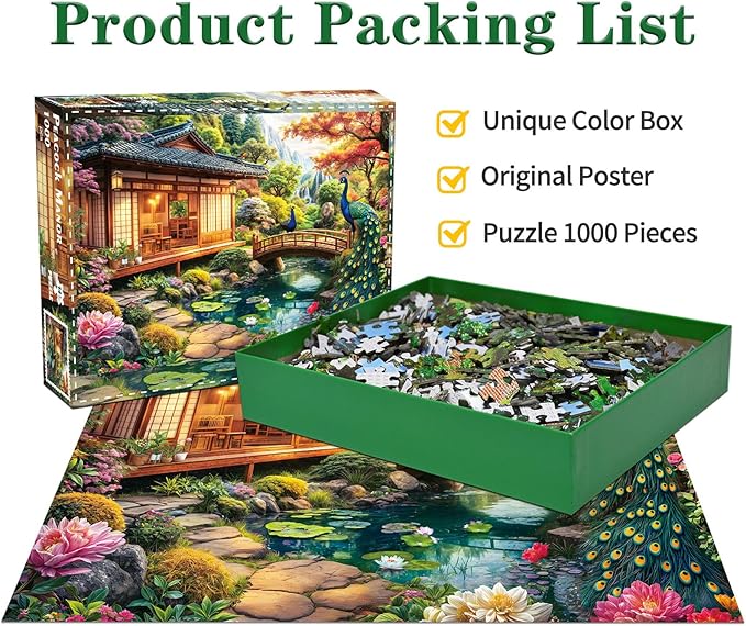 1000 Piece Puzzles for Adults - Traditional Japanese Retreat - Jigsaw Puzzles for Adults and Kids 1000 Piece Educational Games Colorful Puzzles-Exquisite Japanese Garden with Peacocks