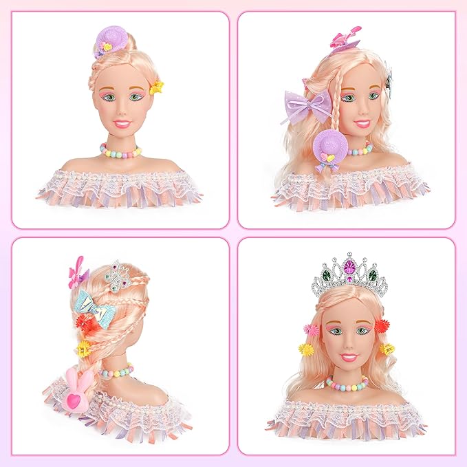39PCS Hair Styling Doll Head Makeup Kit for Girls,Pretend Play Hair Styling Set,with Hairdryer Curling Iron Crown Hairpins Accessories Kit Birthday Gifts for 3 4 5 6+ Years Old Toy