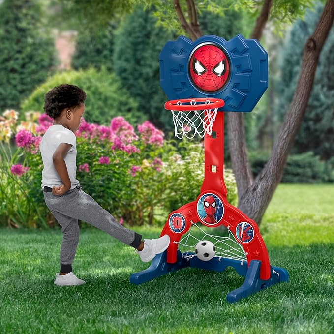 Delta Children Marvel Spider Man 4-in-1 Sports Center – Adjustable Easy Score Basketball Hoop, Soccer/Hockey Net and Golf Game, Red/Blue