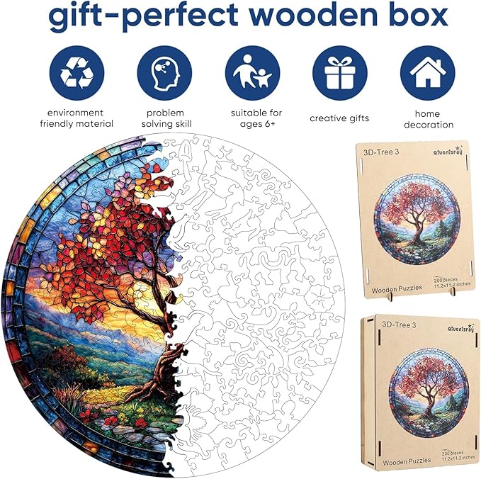 Qiuenisray Wooden Puzzles, Autumn Redwood Tree Jigsaw Puzzles 200 Pieces, FSC Certified Wood Puzzle, Beautiful Wall Decor, Unique Shape Adult Puzzle Pieces, Creative Gift for Family Game 11.2x11.2 in