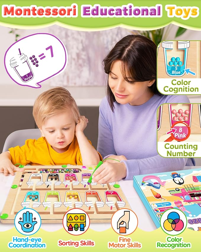 Kidific Magnetic Color and Number Maze, Montessori Toys for 2 3 4 Year Old, Wooden Color Matching Puzzle Board, Preschool Learning Activities for Ages 2-4 for Girls Boys Birthday Gifts - Coffee Cups