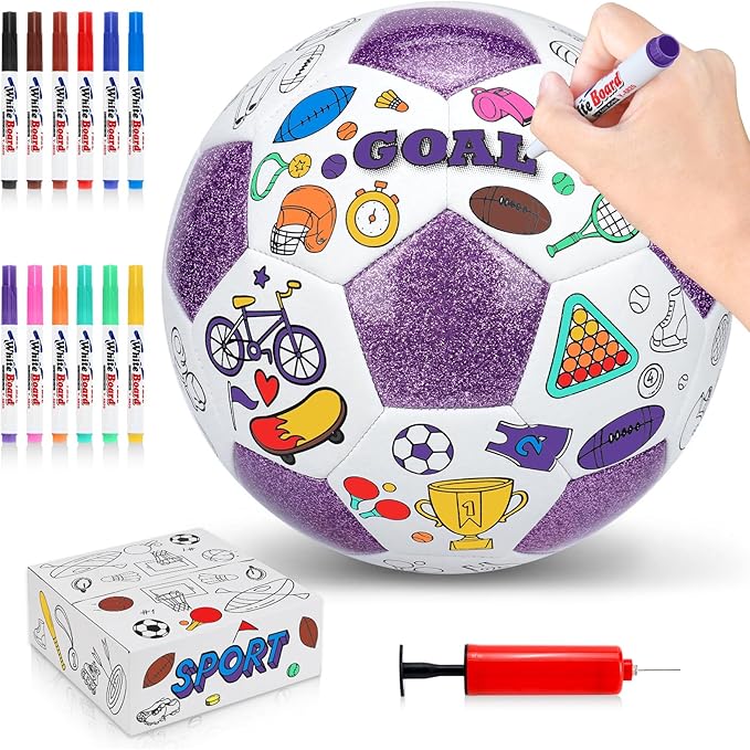 Size 4 Color Your Own Soccer Ball Purple DIY Custom Craft Kit with Pump 12 Markers Personalized Youth Toddler Training Paint Your Own Toy Creative Gift for Kids (Purple Soccer Ball, 4)