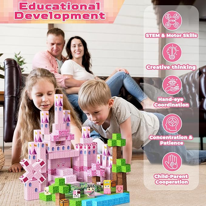 Magnetic Blocks - 100PCS Magnetic Building Block for Kids, Build Pink Princess Castle Magnet Cubes Sets, Princess Toys for Girls Ages 3 4 5 6 7 8-12 Easter Birthday Gifts Construction STEM Toys