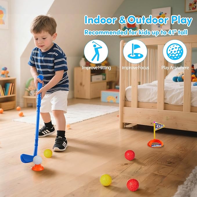 PJG Toddler Golf Set, Plastic Kids Golf Clubs Ages 1 2 3 4 5 Years Old with 4 Golf Clubs and 10 Balls, Indoor and Outdoor Golf Toys with Cart for Toddlers Boys and Girls Birthday Gift (Blue)