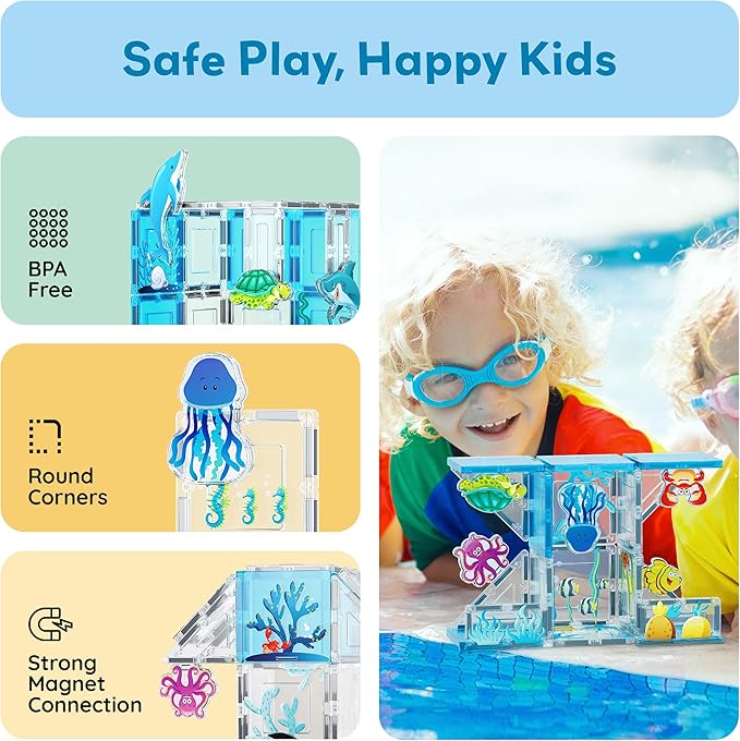 PicassoTiles Magnet Tile Building Blocks 8 Marine Animal Action Figures Compatible Magnetic Accessory Playset Tiles Kids Toys STEM Educational Learning Preschool Toddler Girls Boys Age 3+ PTA25