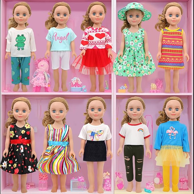 MSYO 10 Sets (16 Pcs) Doll Clothes for 17-18 Inch Dolls, Frog Print/Angel Tee/Floral Dress Variety, Cute Outfits for Play & Gifting