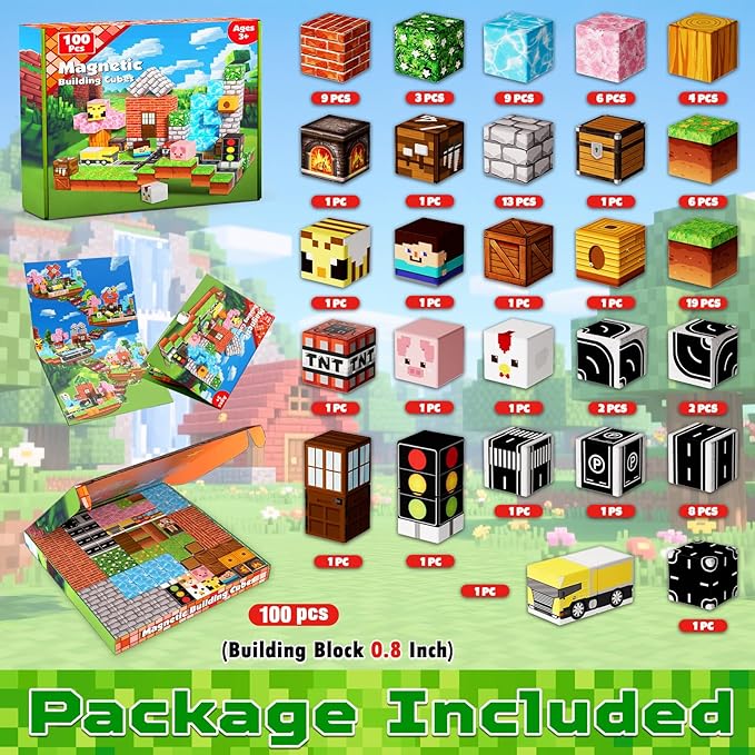 100 PCS 0.8in Magnetic Blocks - Easter Toys & Magnetic Building Blocks Cubes, Stacking Magnets, STEM Toys for School Acitivities, Birthday Gifts for Boys Age 3+ Years Old (Theme: Forests)