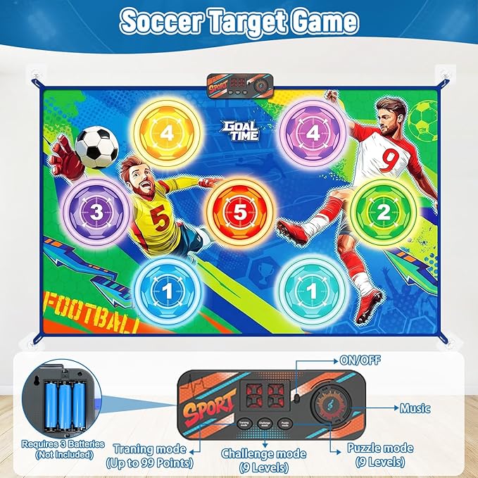 Electronic Scoring Soccer Toy Game Mat Set for Kids, Indoor Outdoor Toss Soccer Target Game with Real-Time Score, 2 Soft Soccer & Goal, Birthday Gifts for 3-5/6-8/8-12 Years Old Boys Girls