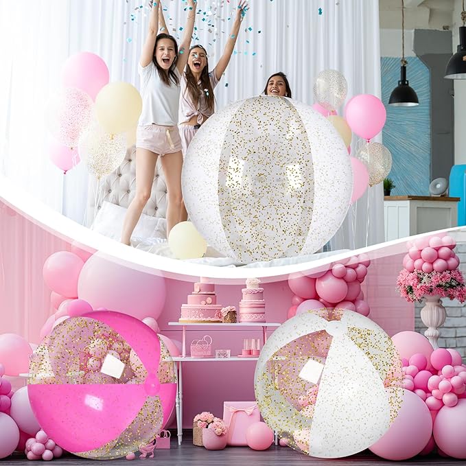 Realspring 2 Pcs 48'' Giant Beach Balls for Swimming Pool 4 Ft Jumbo Glitter Confetti Inflatable PVC Pool Balls Large Summer Blow up Beach Toys for Adults Summer Outdoor Party Favor(Pink White)