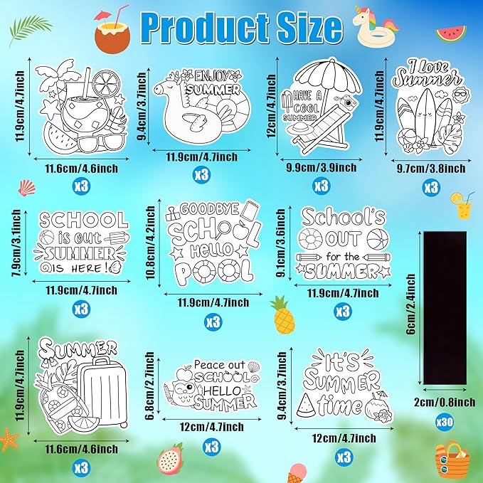 Dvbonike 30 Packs Summer End of The School Year Coloring Craft Kit with Magnet - Color Your Own Beach Magnets Card Set DIY Fridge Refrigerator Decor Home Party Gift Classroom Art Activity Supplies