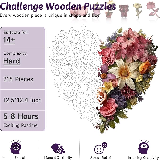 218PCS Wooden Jigsaw Puzzle for Adults – Heart Shaped Floral Puzzle,12.5 x 12.4’’ Unique Cut Valentine’s Day Wooden Puzzles, Romantic Flower Art Puzzles for Wedding (Rose Heart)