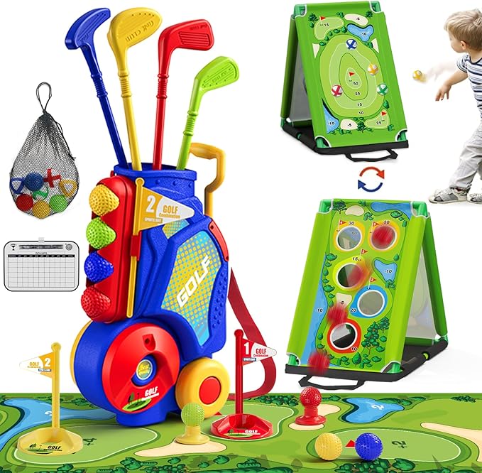3 in 1 Toddler Golf Set with Putting Mat & Sticky/Golf Game, Kids Golf Club with 8 Balls, 4 Plastic Clubs, Scoreboard, Indoor Outdoor Sport Toys with Golf Cart Gift for Boys Girls Aged 2-5, Blue