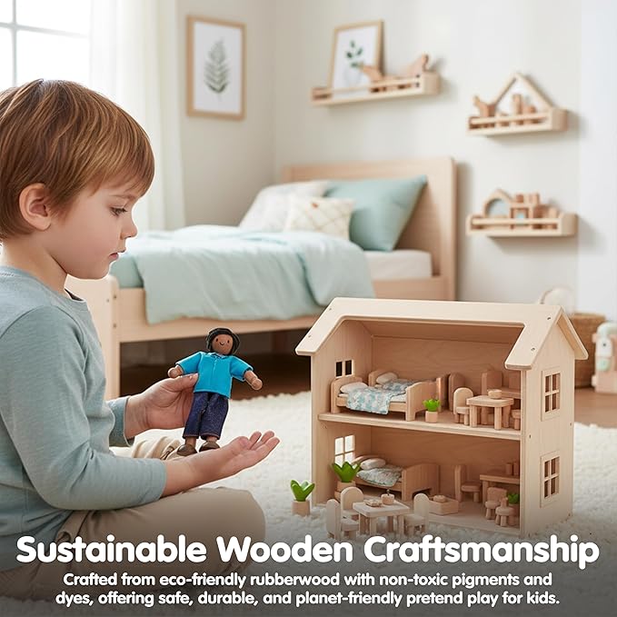 PlanToys® Father Wooden Dollhouse Figurine | Poseable 1:12 Scale Mini Doll (5 Inch) | Dollhouse Accessories for Pretend Play | Eco-Friendly Montessori Toy for Kids Ages 3+