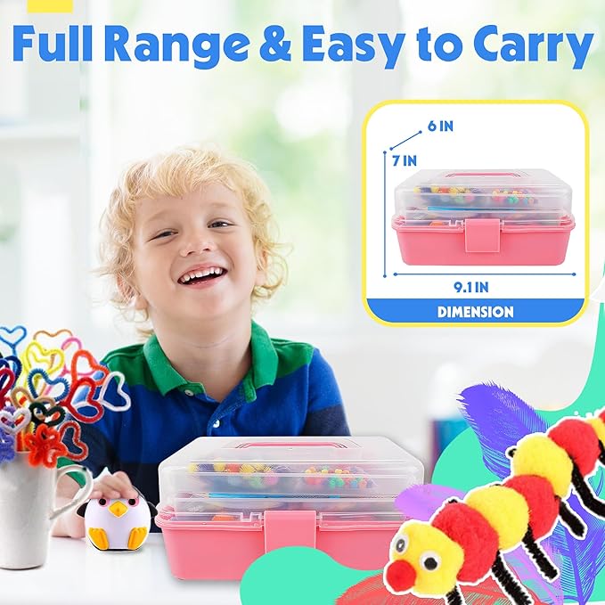 SMILESSKIDDO Arts Craft Supplies for Kids - 1400+ PCS Toddler DIY Craft Art Supply Set, Portable 3 Layered Folding Storage Box School Craft Projects - Gifts for Girls Ages 4-8, 8-12, Pink
