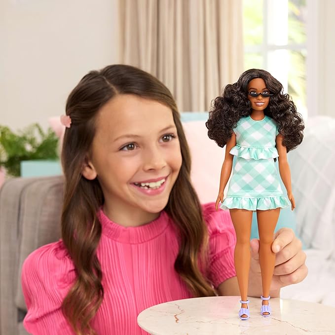 Barbie Fashionistas Doll #240 with Wavy Dark Brown Hair Wearing Minty Green Ruffled Gingham Dress, Sunglasses and Lavender Heels Accessories