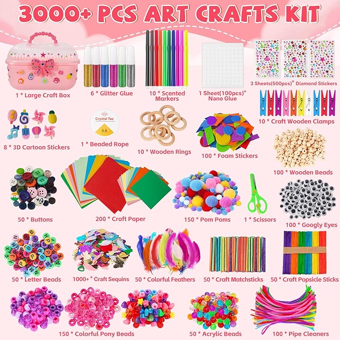 VERYHDSN Arts and Crafts Supplies for Kids-3000+ Pcs DIY Arts & Craft Kit for Boys Girls Ages 4 5 6 7 8 9 10 11 12, 25+Types Craft Materials Bulk, Larage Craft Box Set, Fun&Creative Gift