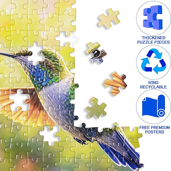 300 Pieces Puzzle for Adults, Spring Hummingbird Flowers Large Pieces Jigsaw Puzzle for Kids Adults, Recycled Paper, Glossy & Sturdy Pieces, Challenging Puzzle & Perfect Family Game, 20.5 x 15 in