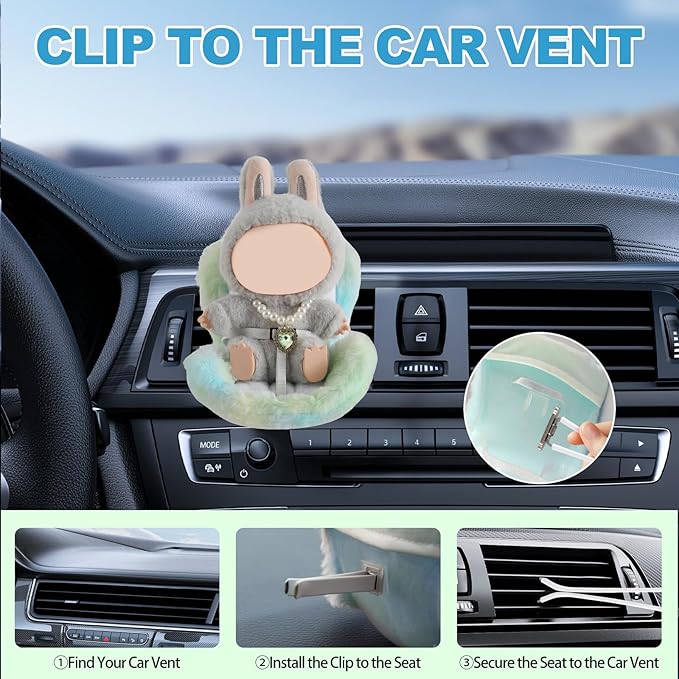 Cute Doll Car Seat for Labubu, Premium Car Seat Accessories for 4-7in Dolls, Including Air Vent Clip, Desktop Stand, Adjustable Strap, Airflow-Friendly Design(Colorful Green)