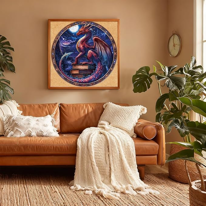 Round Jigsaw Puzzle 1000 Piece - Guardian Dragon & Ancient Books - 26.5in Circular Epic Fantasy Art, Starry Night Jigsaw Gift for Adults