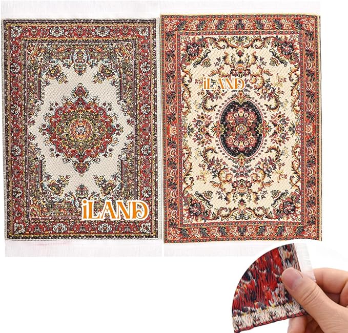 iLAND Miniature Dollhouse Accessories of Carpet for Dollhouse Furniture on 1/12 Scale and 3” - 12” Dolls, Woven Dollhouse Rugs 6” x 3.8” (2pcs Fragrance)