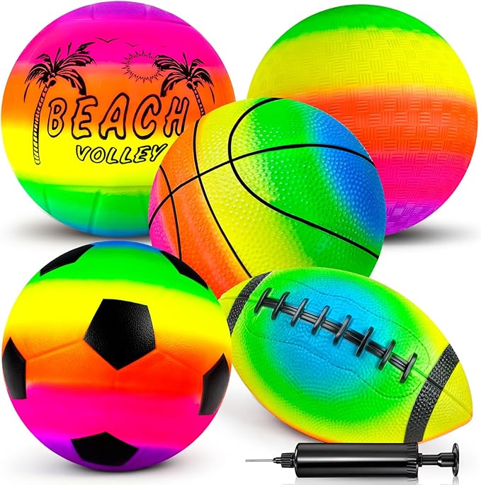 5 Pack Sports Balls Set for Kids & Toddlers - Includes 8.5'' Basketball Soccer Football Volleyball & Rainbow Playground Ball, Inflatable Bouncy Balls Toys Gift for Indoor Outdoor Party Games Play