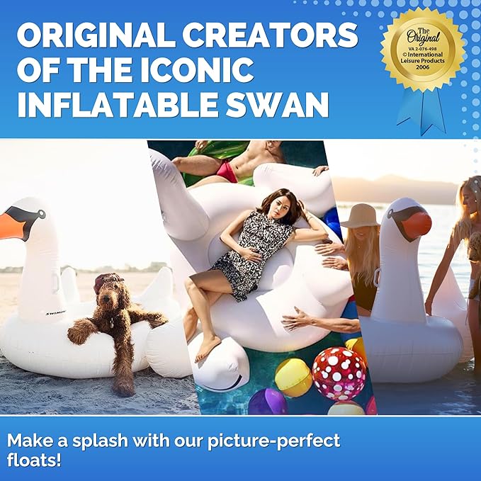 SWIMLINE ORIGINAL 90621 Giant Inflatable Swan Pool Float Floatie Ride-On Lounge W/ Stable Legs Wings Large Rideable Blow Up Summer Beach Swimming Party Lounge Big Raft Tube Decoration Toys Kids Adults