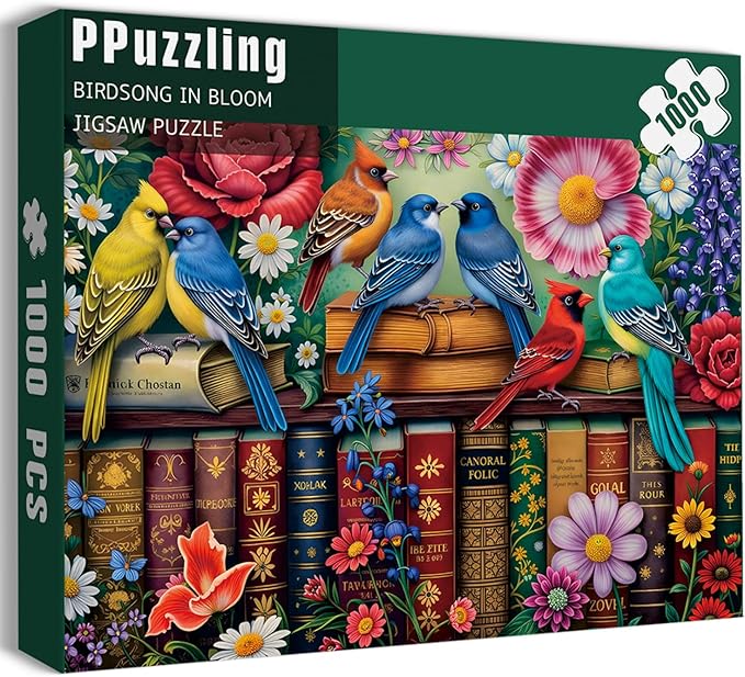 Flower Birds Puzzles for Adults 1000 Pieces, Wildflowers Bookshelf Jigsaw Puzzles, Challenging Spring Animal Puzzle as Home Wall Art Decor