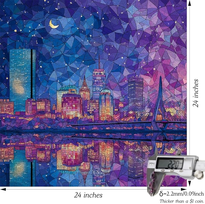 Bgraamiens 1000 Piece Jigsaw Puzzles for Adults – Boston Skyline at Night – Vibrant City Lights with Reflections – Challenging Urban Gift for Puzzle Lovers