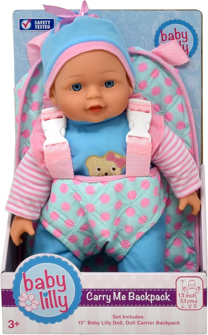 13in Soft Baby Doll with Take Along Pink Backpack Carrier, Briefcase Pocket Fits Accessories and Clothing