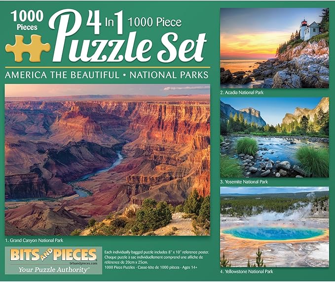 Bits and Pieces – 4-in-1 Multi-Pack - 1000 Piece Jigsaw Puzzles for Adults – 1000 pc 'America The Beautiful' National Parks Puzzle Set Bundle - 20" x 27"