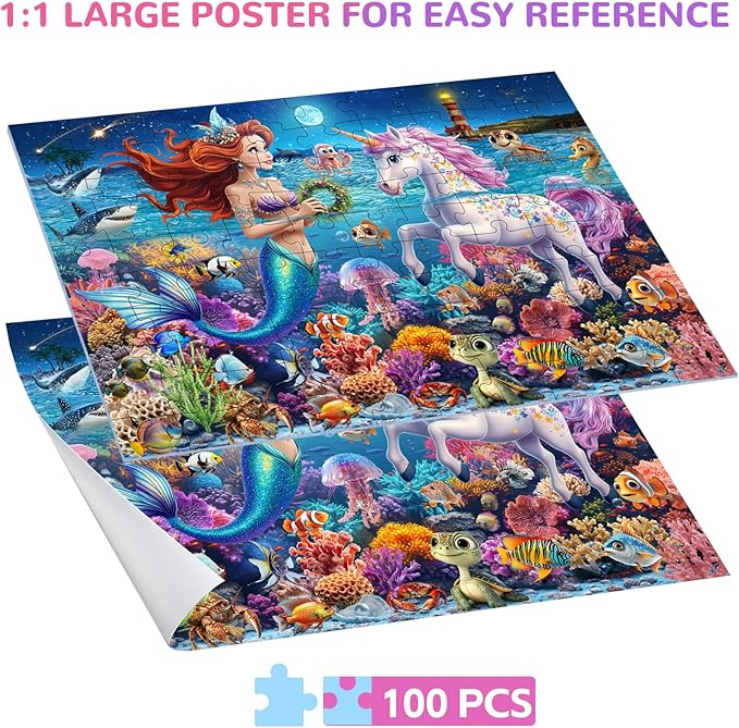 100 Piece Puzzles for Kids Ages 6-8, Mermaid and Unicorn Puzzles 100 Pieces for Kids, Underwater Scene Jigsaw Puzzle for Children Learning Educational Toys Gifts for Girls Boys