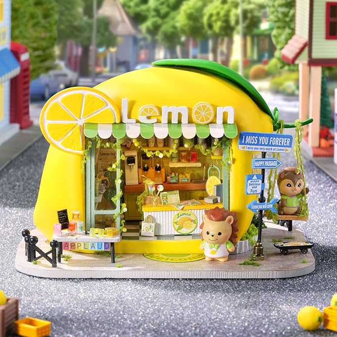 TuKIIE DIY Miniature House Kit with Furniture, 1:100 Scale Creative Room Mini Wooden Dollhouse Book Nook for Kids Teens Adults(Lemon Beverage Shop)
