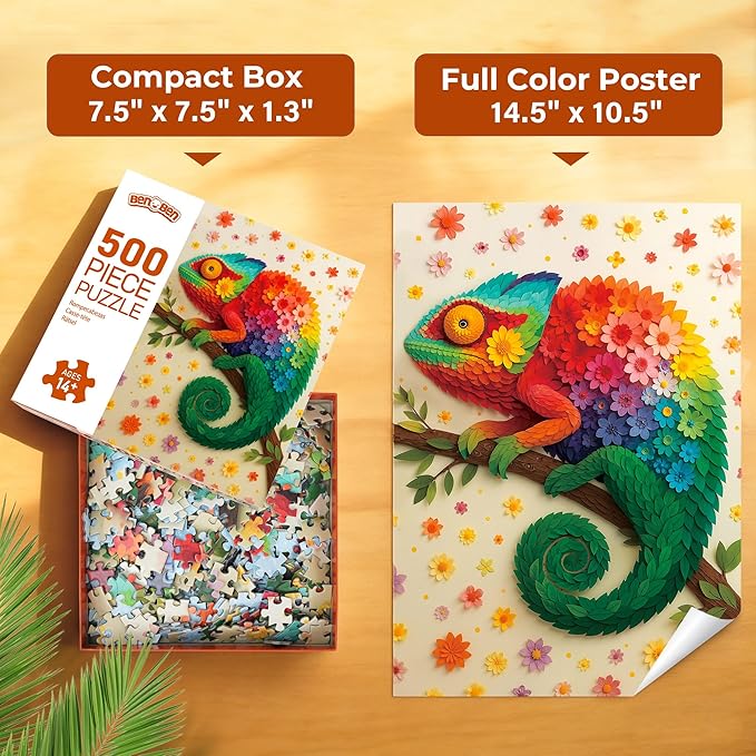 BenBen Puzzles for Adults 500 Pieces, Floral Chameleon Jigsaw Puzzles with Patterns on Back, Challenging Animal Puzzle for Family Game Night, Home Décor