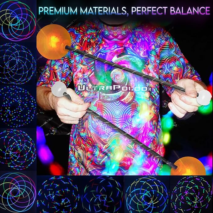 OrbPoi Pro Set - Orb Poi Pro w/Non LED Knob Handles - USB Rechargeable Contact LED Poi Balls w/ 40+ Color Modes & Patterns - LED Poi Spinning Balls w/Soft Durable Cases - Flow Arts Toy, UltraPoi