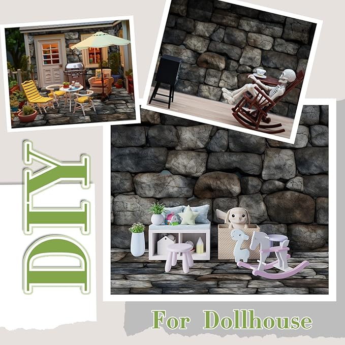 Flutesan 12 Pcs Miniature Dollhouse Wallpaper and Flooring Peel and Stick Mini DIY Self Adhesive Dollhouse Accessories 8.27 x 11.69 Inch (Stone Pattern)