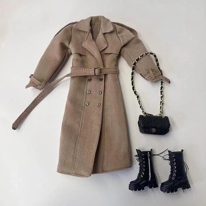 Classic Trench Coat Outfit Set for 11.5-12 Inch Fashion Dolls, Khaki Double-Breasted Coat with Belt, Quilted Handbag, Black Lace-Up Ankle Boots, 1/6 Scale Doll Accessories Miniature Couture