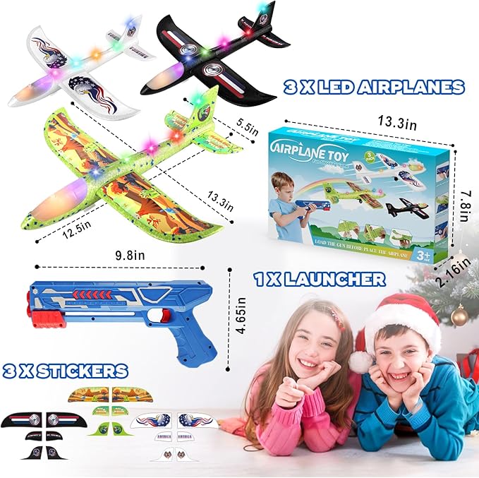 3 Pack Airplane Launcher Toy, 12.6" Foam 2 Flight Mode Led Plane Catapult Boy Toys with 3 DIY Stickers, Outdoor Flying Toys for Kids Gifts for 4 5 6 7 8 9 10 12 Year Old Boys Girls